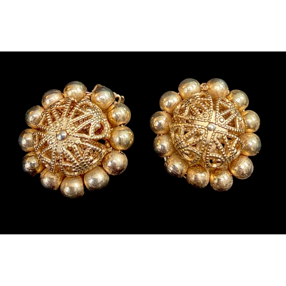 Vintage 1950s Gold Tone Filigree Lattice Bead Dome Button Clip On Earrings 1"